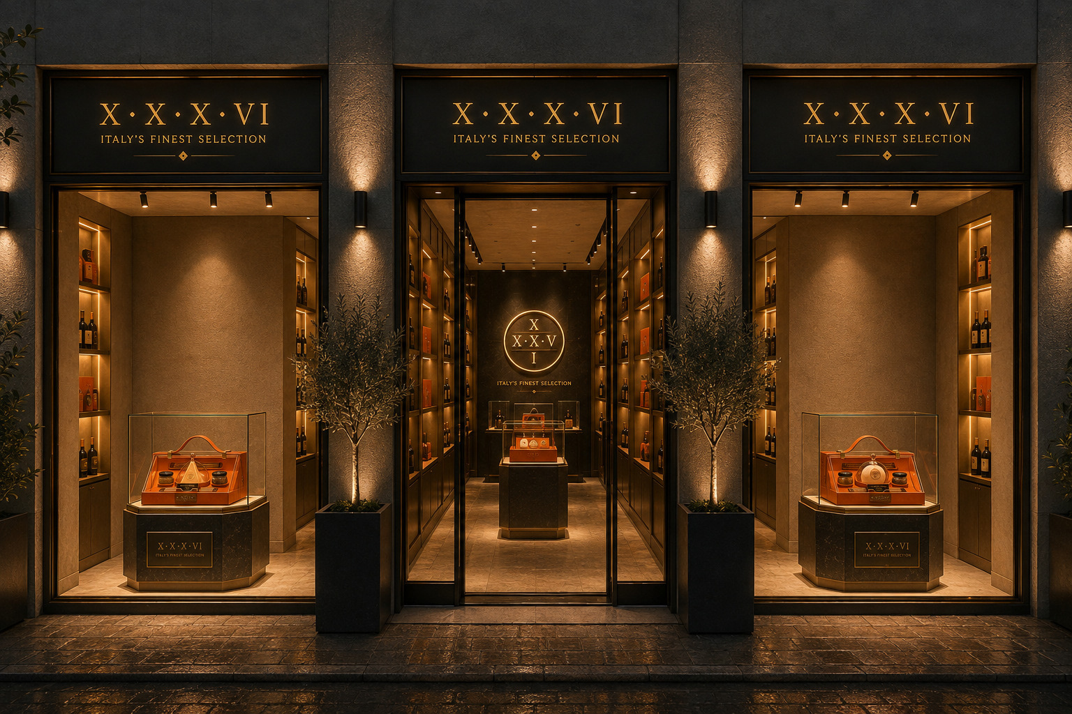 XXXVI — Facciata con teche vetrina