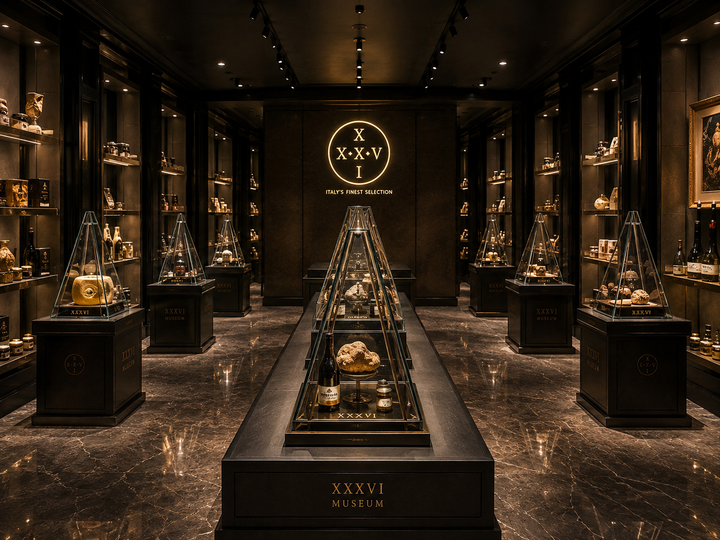 La sala Museum XXXVI con le teche piramidali e la selezione di eccellenze
