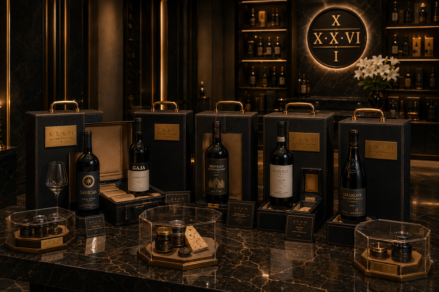XXXVI — Cofanetti Sassicaia, Gaja, Brunello, Barolo, Amarone
