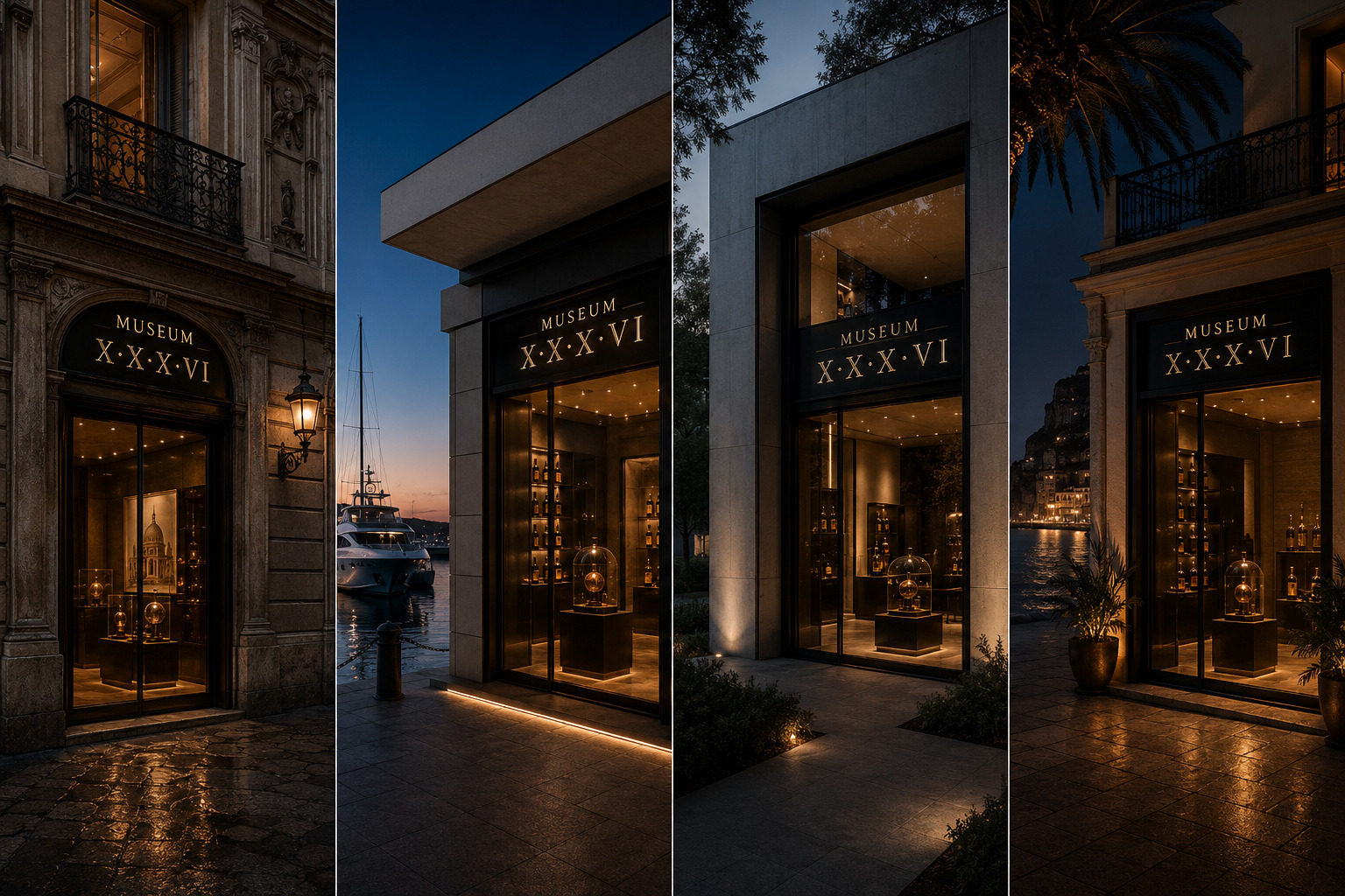 Quattro varianti della facciata Museum XXXVI in diverse citta