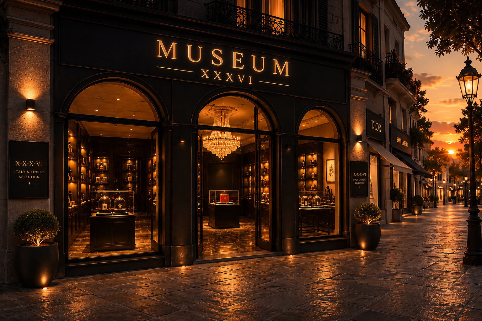L'ingresso Museum XXXVI con lampadario e teche