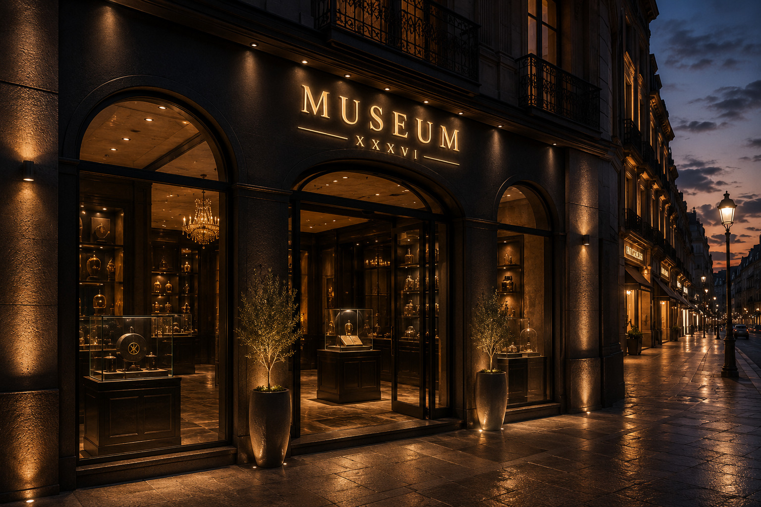 La facciata Museum XXXVI al crepuscolo sulla via