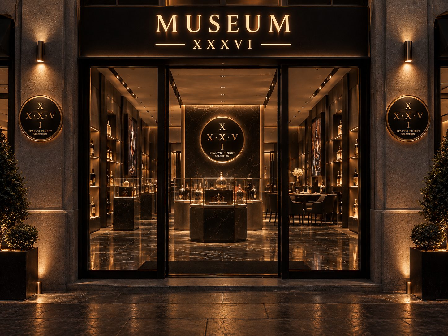 La facciata del Museum XXXVI illuminata, vista dalla strada
